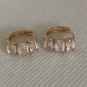 Gold Tone Huggie Hoop Earrings Baguette CZ Crystals Retro Style Hypoallergenic